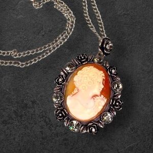 AMEDEO large carved cameo pendant on the original chain 18” + 3” crystals